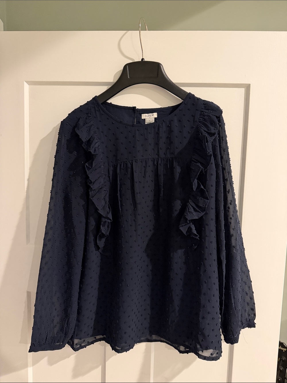J. Crew Navy Ruffle Swiss-Dot Long Sleeve Blouse